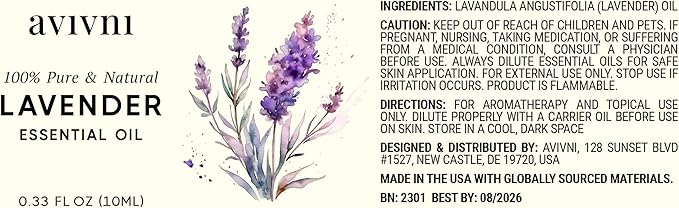 French Lavender Essential Oil - 100% Pure & Natural, Organic, Undiluted for Aromatherapy, Skin, Hair and Diffusers (0.33oz - 10ml)