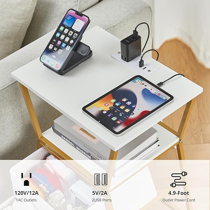 Nightstand with Charging Station, Side Tables for Bedroom with Built-in USB Side Table with 2 USB Ports and Outlets Nightstand with Cloth Drawer End Tables Living Room Sofa Couch