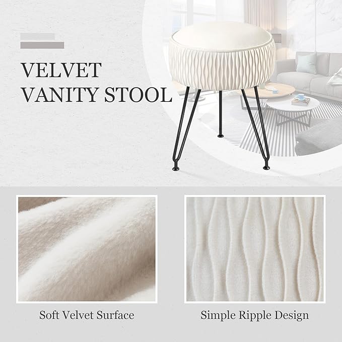 Velvet Vanity Stool Footrests, Round Ottoman Vanity Chairs with Anti-Slip Feet, Dressing Table Seat Foot Stool with Black Legs, Furry Padded Seat Side Table for Makeup Bedroom, White