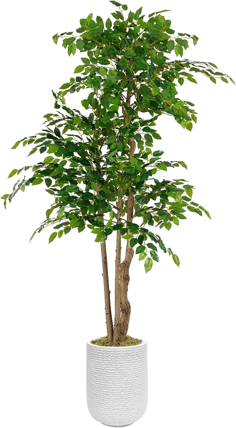 Ficus Tree Artificial with 3 Trunks, 6ft Fake Ficus Tree in White Magnesium Pot, Tall Artificial Tree Potted Plant for Indoor Outdoor Home Office Living Room Patio Bedroom Decor