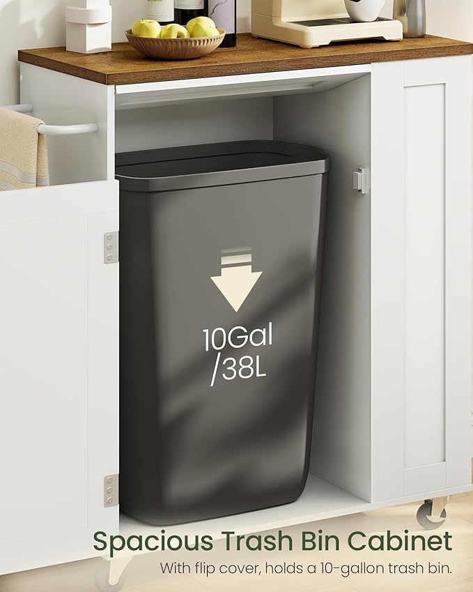 Kitchen Island Cart with Storage, Kitchen Cabinet, Mobile Kitchen Island, Storage Trolley for Kitchen with Hidden Trash Bin Cabinet, for Dining Room, White and Walnut MZD06WL