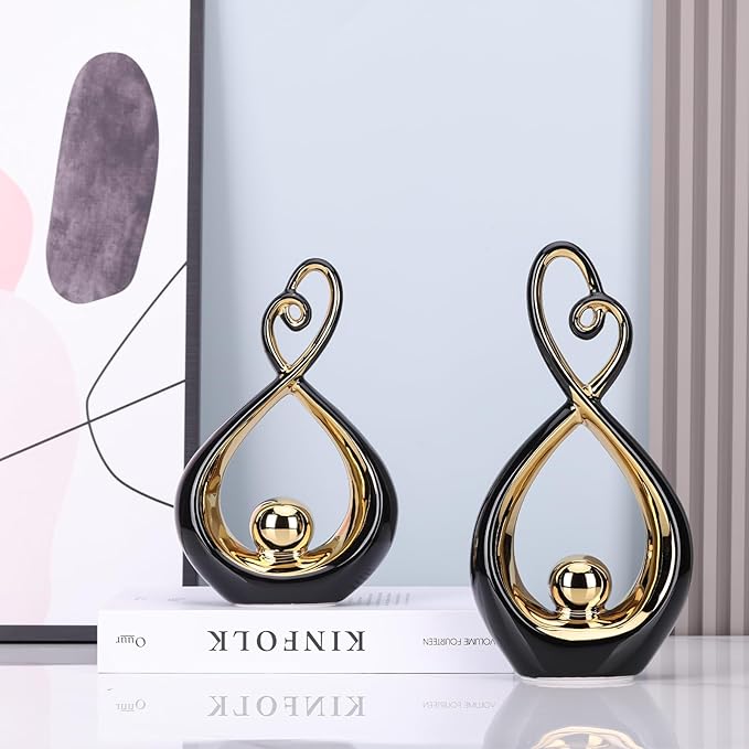 Black Decor Accent, Porcelain Art Mid Century Modern Black and Gold Decorations, Dining Table Objects, Abstract Ceramic Statue Sculpture - for Bookshelf Tv Stand Centerpiece Centro De Mesa