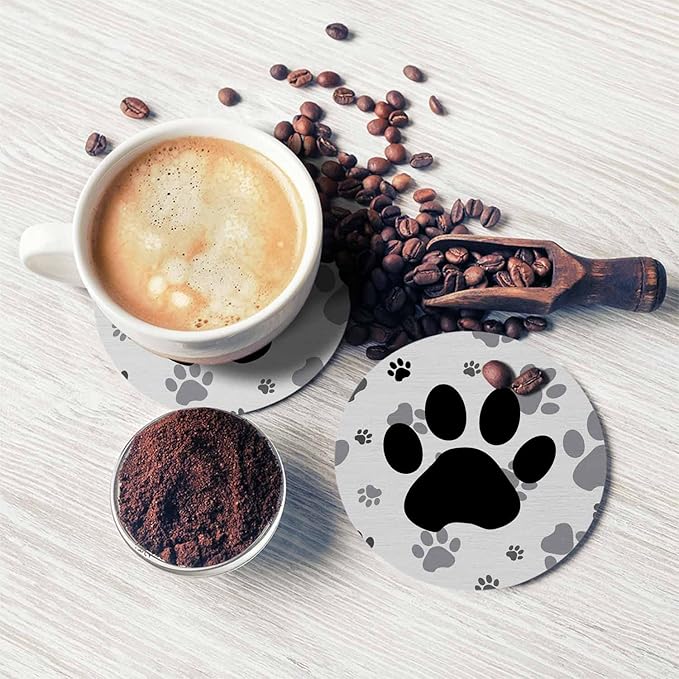 Black and Gray Paws Coaster for Drinks Individual Silhouette Cartoon Animal Dog Cat Paw Print Cute Puppy Kitten Feet Presents for Housewarming Birthday and Family 100% Diatomite 4''X 4'',2 Pack