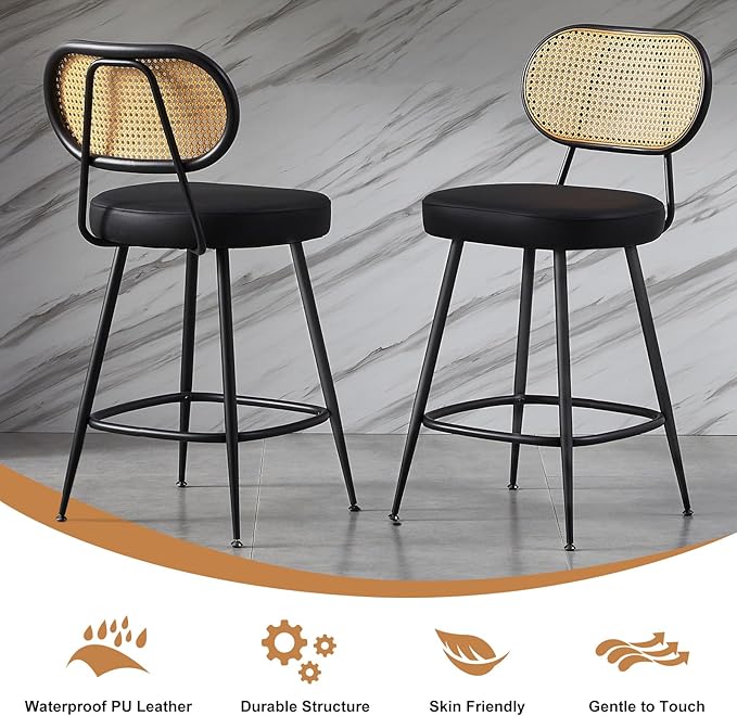 26" Rattan Barstools Set of 2, Counter Height Bar Chair with Black Metal Legs, Modern Armless PU Leather Pub Chair,Adjustable Feetpads Stools for Home Counter,Kitchen Dining Island,Cafe(Black)