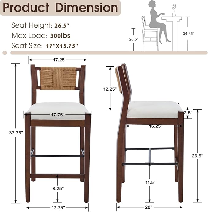 CIMOTA Rattan Counter Height Bar Stools Set of 4, 26" Boho Barstools with Woven Backs, Mid Century Walnut Wood Bar Stool Chairs Sherpa Upholstered Counter Stools for Kitchen Island/Counter/Bar,White