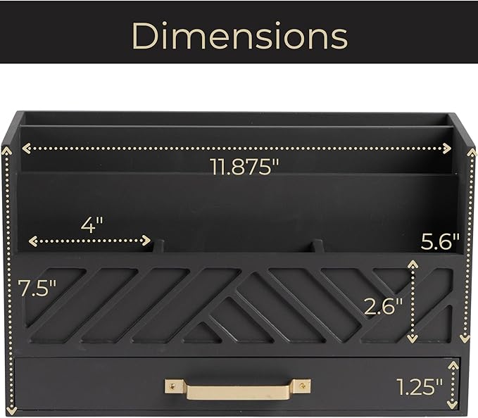 BLU MONACO Grey Wooden Desk Organizer with Drawer and Gold Handle – Perfect Desk Accessories for Home Office Organization – Desktop Mail Storage for Office Supplies