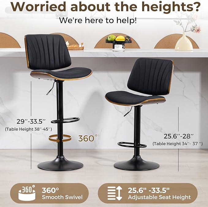 ECOTOUGE Swivel Bar Stools Set of 1, Adjustable Bentwood Barstools, Modern Bar Height Chairs with Back and Footrest for Bar, Kitchen Island, Counter, Dining Room(Black)