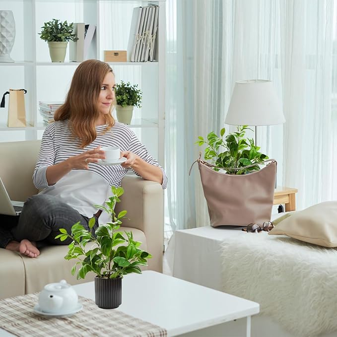 16 inch Artificial Plants Indoor Realistic Touching Evergreen Leaf Fake Plant with Creamic Black Pot for Home Office Living Room Bathroom Office Table Bookshelf Decor