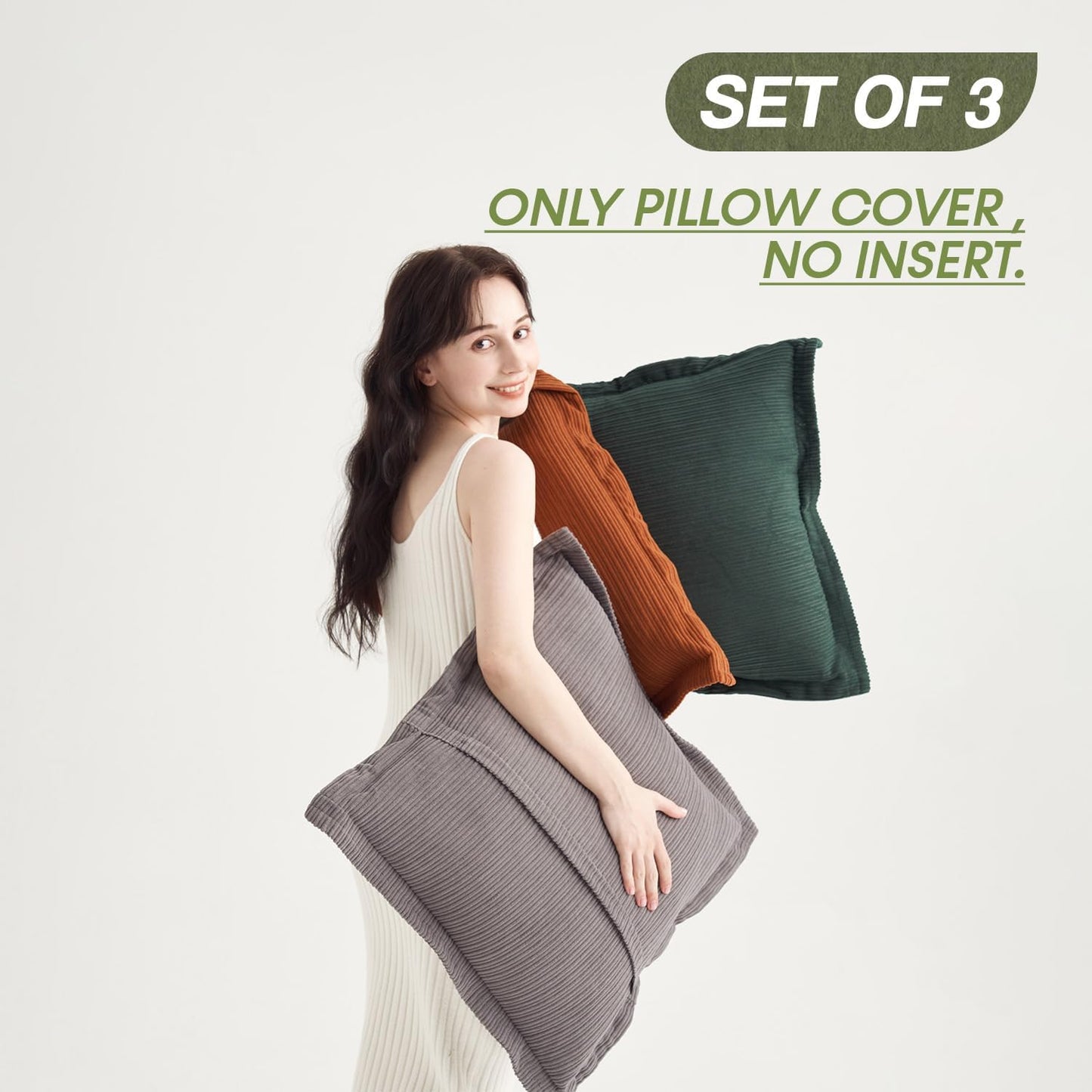 Pack of 3 Vintage Cushion Covers, Textured Corduroy Large Pillow Covers 24x24inch, Soft Touch for Living Rooms, Bedroom,Sofa, Studies(Slate Grey, Dark Green & Rust) Set of 3