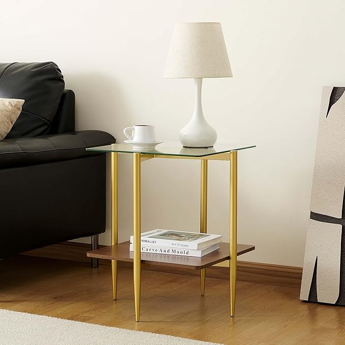 Square Glass End Table, Mid-Century Modern Sofa Table, L20*W20*H23 inch for Living Room, 2-Tier Structure, Clear Glass Top and Walnut MDF Shelf, Sleek Conical Metal Legs with Gold Finish