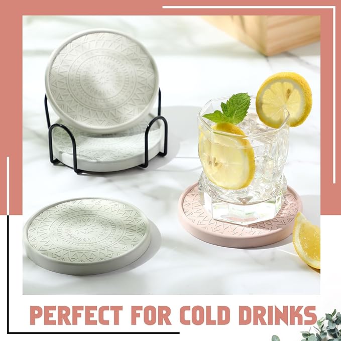 Photect Diatomaceous Earth Coasters Set with Holder Absorbent Stone Drink Coasters Instant Drying Tray for Tabletop Protection Home Decoration Housewarming Gift(Mint,8 Pcs)