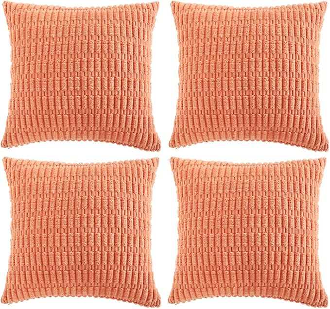 Fancy Homi 4 Packs Boho Coral Decorative Throw Pillow Covers 22x22 Inch for Living Room Couch Bed Sofa, Rustic Modern Farmhouse Home Decor, Soft Plush Corduroy Peach Cute Square Cushion Case 55x55 cm