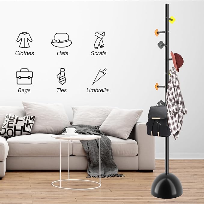 Metal Coat Rack Stand with Ball Base, Modern Coat Rack Freestanding, Heavy Duty Coat Racks with 8 Acrylic Hooks, Coat Hall Tree Hanger Stand for Entryway, Office