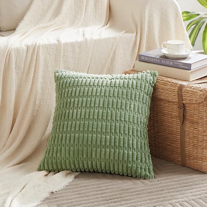 Fancy Homi 2 Packs Sage Green Decorative Throw Pillow Covers 16x16 Inch for Living Room Couch Bed Sofa, Soft Striped Corduroy Square Cushion Case 40x40 cm, Rustic Farmhouse Boho Home Decor