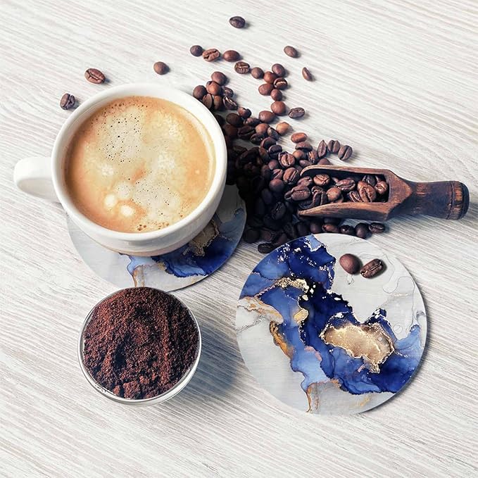 Blue and Gold Marble Coasters for Coffee Table Liquid Alcohol Ink Fluid Housewarming Presents for Women Men Home Decor Office Kitchen Living Room 2 Pcs