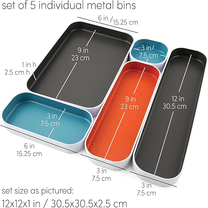 Three by Three Seattle 5 Piece Metal Organizer Tray Set for Storing Makeup, Stationery, Utensils, and More in Office Desk, Kitchen and Bathroom Drawers (1 Inch, Gray, Sky Blue, Orange)