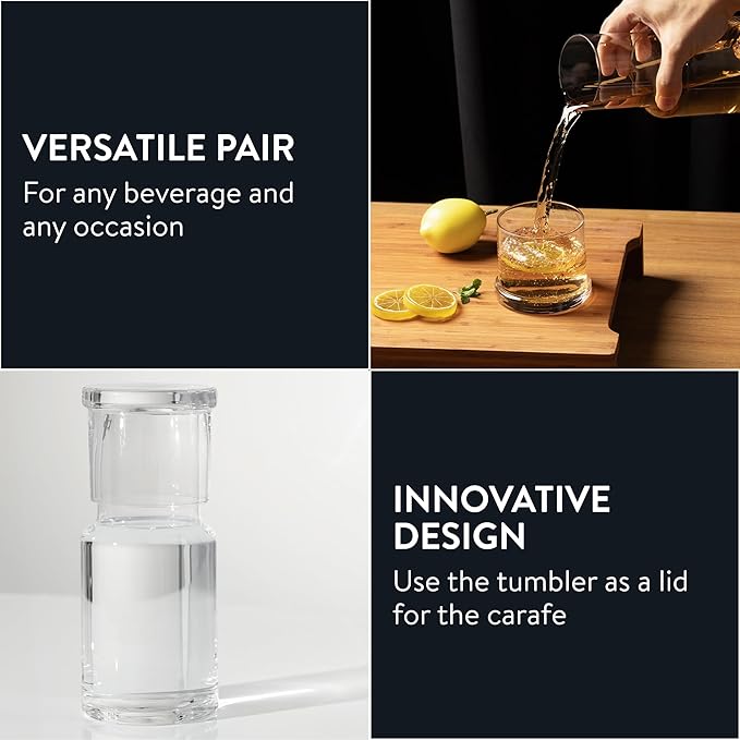 Elixir Glassware Bedside Water Carafe and Glass Set with Integrated Cup - Water or Mouthwash Dispenser for Nighstand or Bathroom - Handblown Glass Pitcher with Tumbler - Clear