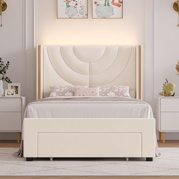 HITHOS Twin Upholstered LED Bed Frame with Storage Drawer, Velvet Kids Bed with Wingback Headboard, Princess Twin Platform Bed for Girls/Kids, Solid Wood Slats Support, No Box Spring Needed, Beige