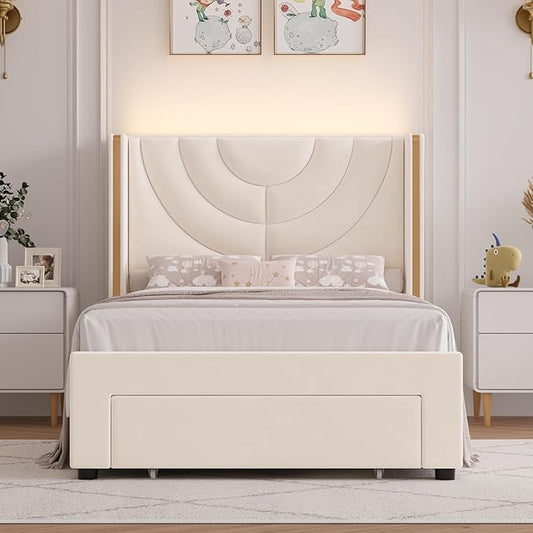 HITHOS Twin Upholstered LED Bed Frame with Storage Drawer, Velvet Kids Bed with Wingback Headboard, Princess Twin Platform Bed for Girls/Kids, Solid Wood Slats Support, No Box Spring Needed, Beige