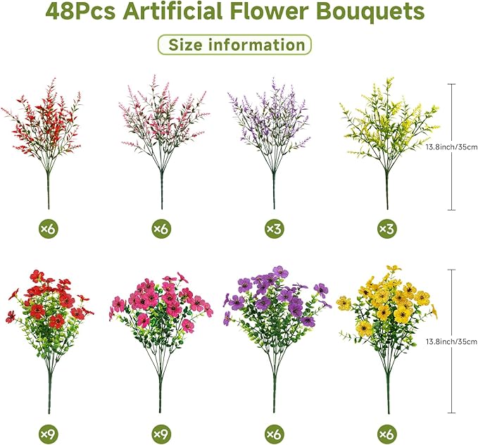 SHareconn 48 Bundles Artificial Flowers for Outdoors Decoration, Faux Plants Fake Silk Colorful Daisy Eucalyptus Lavender, UV Resistant for Outside Home Porch Patio Spring Decor, RedRosyPurpleYellow