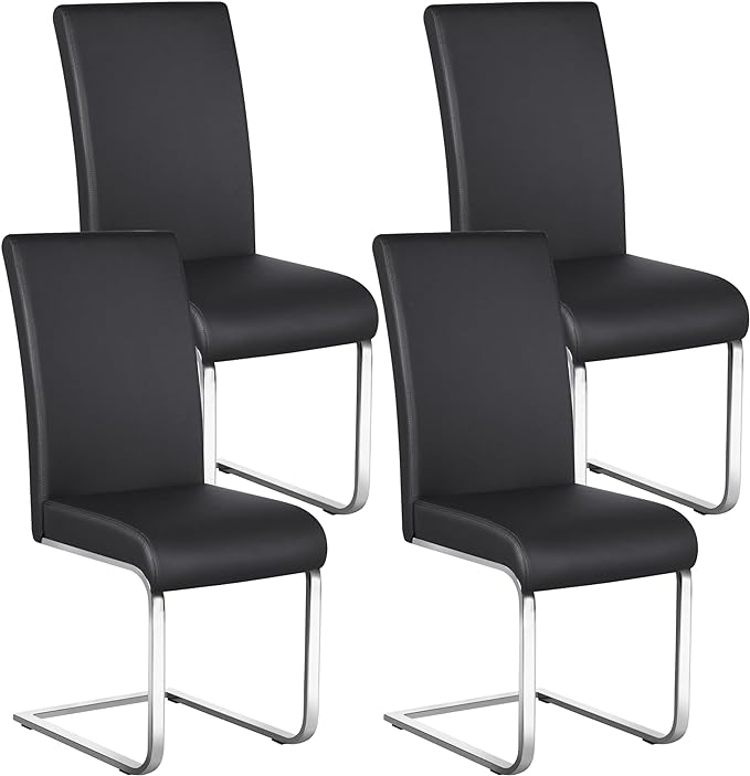 Yaheetech Dining Chairs Set of 4 Modern Faux Leather Upholstered Dining Room Chairs with High Back and Metal Chrome Legs for Kitchen/Living Room/Restaurant, Black