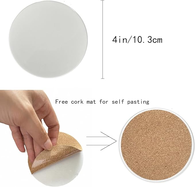 Sublimation Blanks Drink Coasters - Glazed Round Ceramic with Cork Backing Pads Absorbent Coasters,Thermal Transfer of Any Image, DIY Christmas, Painting and Home Decor (24 Pack)
