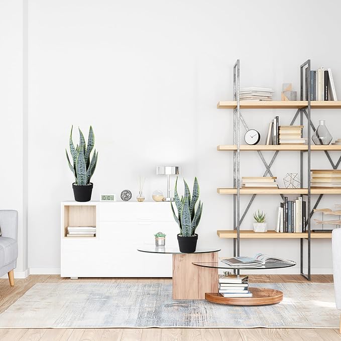 22.5" Artificial Snake Plant Faux Sansevieria Plants Tropical Fake Plants in Black Pot Greenery Plant Perfect for Home Office Living Room Housewarming Gifts Indoor Outdoor Decor-Green