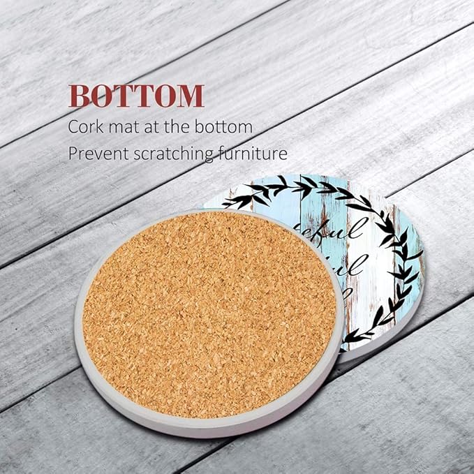 Britimes Coaster for Drinks Set of 6, Old Vintage Blue White Wooden Table Absorbent Round Ceramic Stone Mat, with Cork Base and Metal Holder, Gift for Housewarming Room Bar Decor