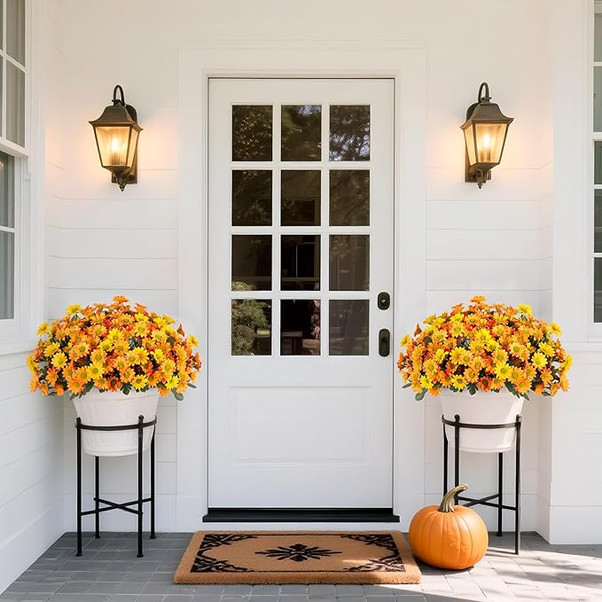 Fake Mums Fall Artificial Flowers for Outdoor Decoration, 6 Bundles Faux Silk Daisy Flowers Realistic UV Resistant No Fade Fall Fake Plants for Home Patio Porch Garden Window Box Decor(Yellow Orange)
