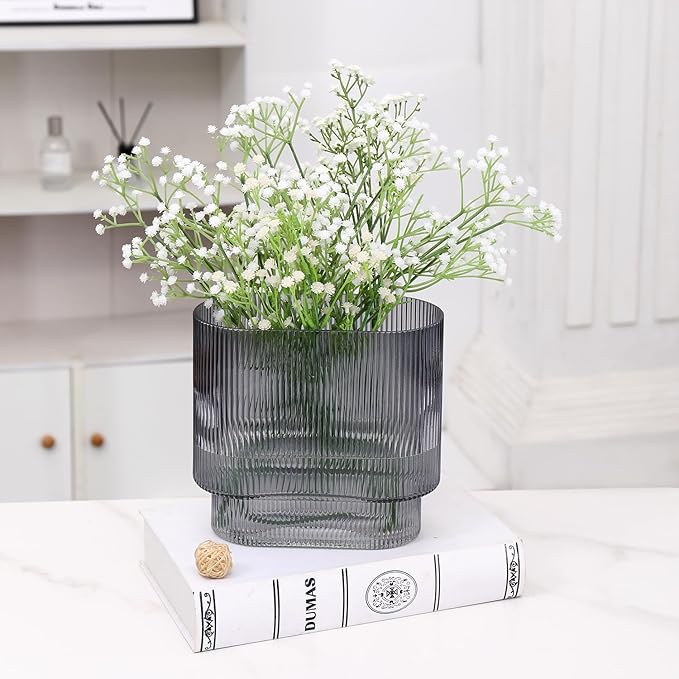 Ribbed Glass Vase, Black Glass Vase, Fluted Short Vases for Flowers, Modern Vases for Living Room, Dining Room, Bathroom, Desk, Shelf, Wedding, Office, 7 Inches