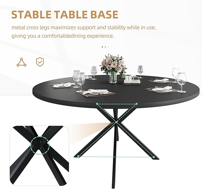 47.24" Round Dining Table, Modern Dining Room Table for 4-6 Person, Wood Round Kitchen Table with Metal Legs, Round Coffee Table for Home Dining Room Living Room (Black)