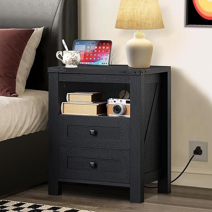 Nightstand with Charging Station, Farmhouse Night Stand with 2 Drawers and Shelf Storage, Wooden Side End Table, Bedside Cabinet for Bedroom, Living Room, Closet, Office (Black)