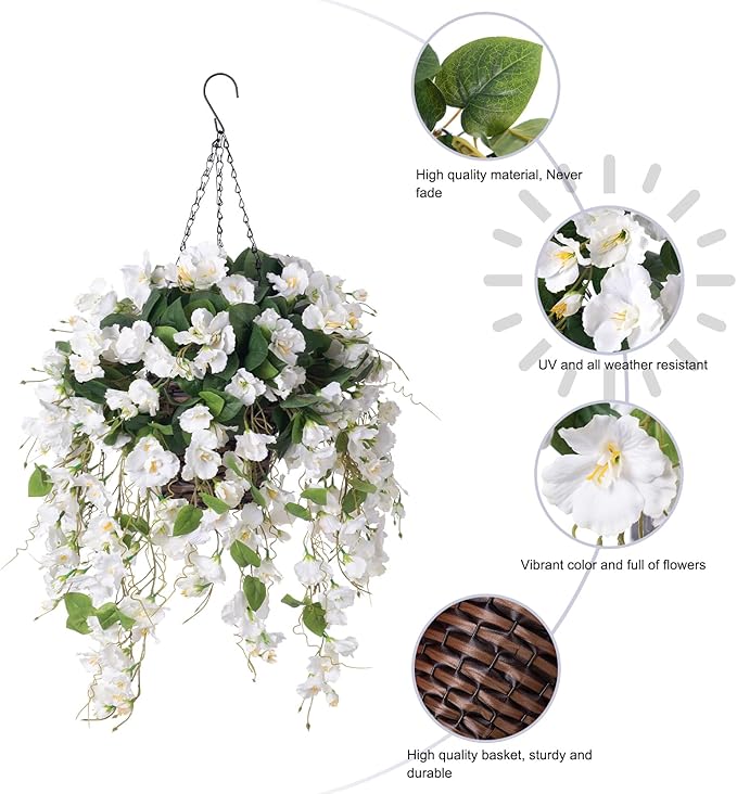 Artificial Fake Hanging Hibiscus Flowers Plants Baskets for Outdoor Decoration, Faux Silk Hibiscus Long Vines in Planter UV Resistant Realistic Flowers for Outside Porch Patio Home Decor, White