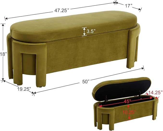 Modern Velvet Ottoman with Storage Entryway Bench for Living Room Comfy Upholstered End of Bed Bench with Safty Hinge for Bedroom/Living Room/Lounge/Corner, Olive