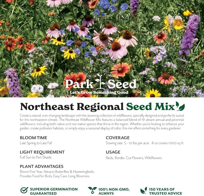 Park Seed Grow Your Own Vibrant Annual and Perennial Wildflower Garden Seeds Mixture, Easy to Grow Varieties for Pollinators and Spring Gardens - Northeast Regional Mix, 1 lb