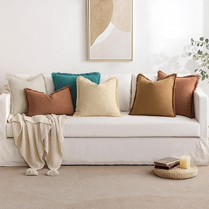 MIULEE Decorative Throw Pillow Covers Neutral Linen Fringe Throw Pillows Set of 2 Teal Boho Farmhouse Cushion Covers with Tassels for Couch Sofa Bed Living Room Spring Home Decor 18x18 Inch