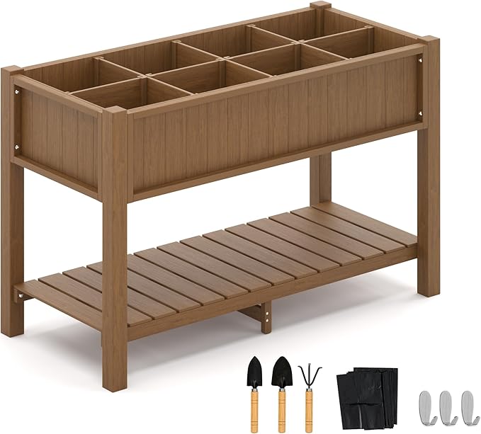 LUE BONA Elevated Planter Box with Legs and Shelf, 47 * 21 * 30in, 8 DIY Pocket HDPS Raised Garden Bed with Tools, 3-Year Warranty, No Crack, Large Outdoor Herb Raised Beds for Gardening Vegetables