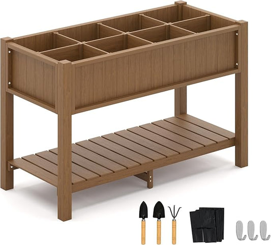 LUE BONA Elevated Planter Box with Legs and Shelf, 47 * 21 * 30in, 8 DIY Pocket HDPS Raised Garden Bed with Tools, 3-Year Warranty, No Crack, Large Outdoor Herb Raised Beds for Gardening Vegetables
