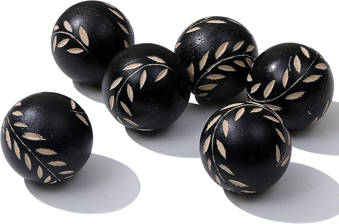 Set of 6 Decorative Orbs for Bowls and Vases- Leaf Pattern - 2.6in Resin Round Sphere Balls for Living, Dining Room Coffee Table Centerpiece Home Decor