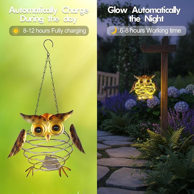 2 Pack Owl Solar Lights Outdoor Hanging Lantern with Handle, Solar Powered Owl Garden Decor for Outside Patio Yard Porch Pathway Butterfly Gifts for Women (Warm White LED Lights)