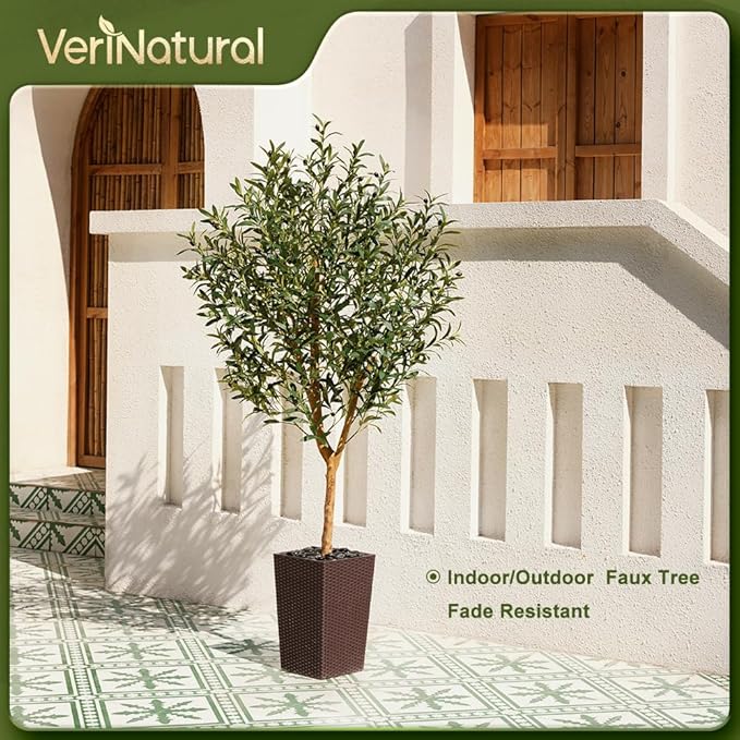 Artificial Olive Tree 6FT, Faux Olive Trees with Real Wood Trunk, UV Resistant Fake Plants in Planter & River Rocks, Indoor Tall Silk Plant for Home Living Room Office Outdoor Decor, VN133