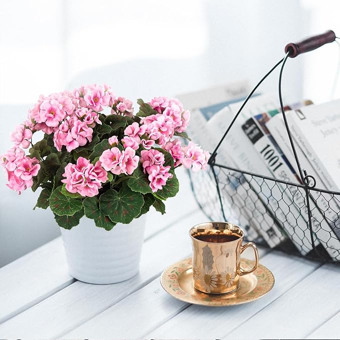 4PCS Home Decor Fake Plants Artificial Flowers Artificial Geraniums Outdoor Fake Flowers Artificial Flowers Fake Silk Bouquet, Fall Decor for Interior Porch Garden Decoration (Pink) 14.4"