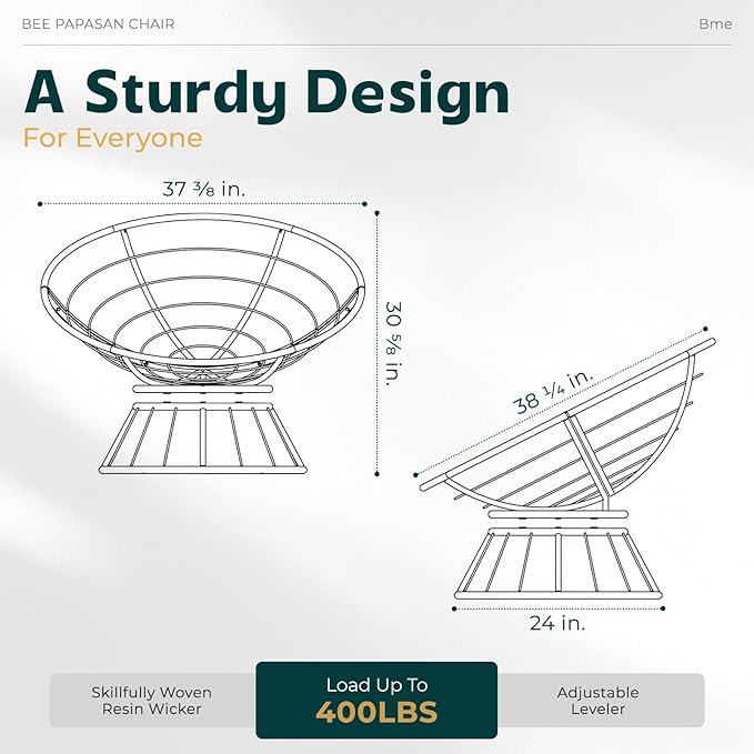 Bme 40" Ergonomic Wicker Papasan Chair with Soft Thick Density Fabric Cushion, Bee-Designed Base, High Capacity Steel Frame, 360 Degree Swivel for Living, Bedroom, Reading Room,...