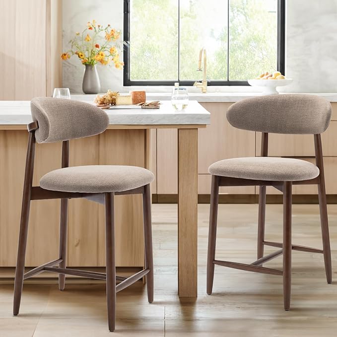 COLAMY Counter Height Bar Stools, Kitchen Bar Stools with Back, Mid Century Modern Upholstered, with Wood Legs for Kitchen Island Dining Room, Camel