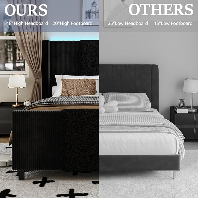 Queen Size Bed Frame with Tall Headboard and Footboard, Boucle and Corduroy Upholstered Bed Frame Queen with LED Lights, Modern Platform Bed Frames, Noiseless, Easy Assembly, Black