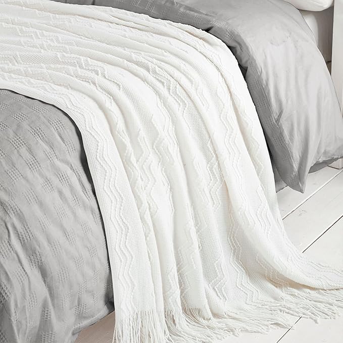 BOURINA Off White Throw Blanket 50x60 Inches Throw Textured Solid Soft Sofa Couch Decorative Knit Blanket