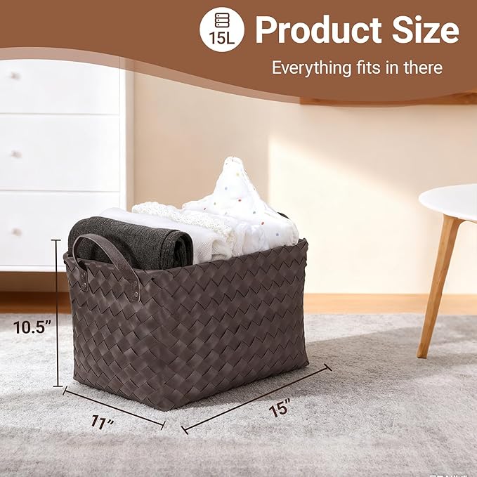 15L Laundry Baskets Waterproof Large Laundry Hamper Handmade Storage Baskets -set of 4 Collapsible Cube Organizers Woven Bins for Bathroom, Bedroom, Pantry, Shelves, Clothes and Towels-Coffee