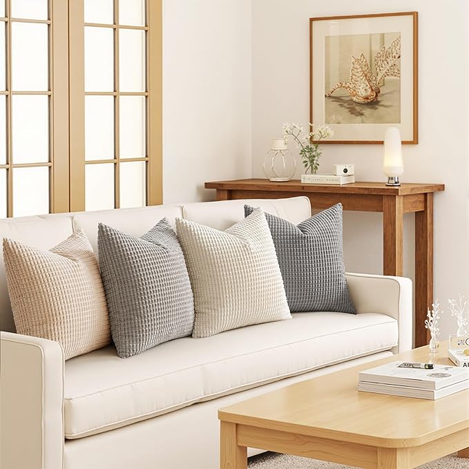 MIULEE Boho Farmhouse Decorative Pillow Covers 18x18 Inch Set of 4 Rustic Modern Home Decor Couch Throw Pillows Corduroy Pillowcases for Sofa Living Room Bed Neutral
