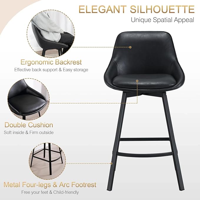Zesthouse Swivel Counter Height Stools Set of 2, Modern Upholstered Barstools with Backs, 26'' Faux Leather High Chairs for Island Kitchen, Counter Height Chairs with Metal Legs, Black