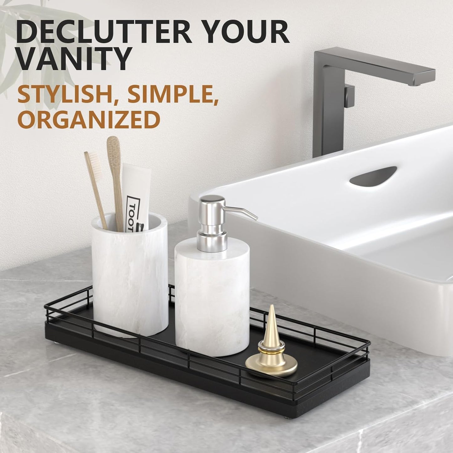 Bathroom Tray for Counter Top Organizer – Oak Wood Vanity Tray with Metal Frame for Dresser, Kitchen, Nightstand – Black Decorative Storage